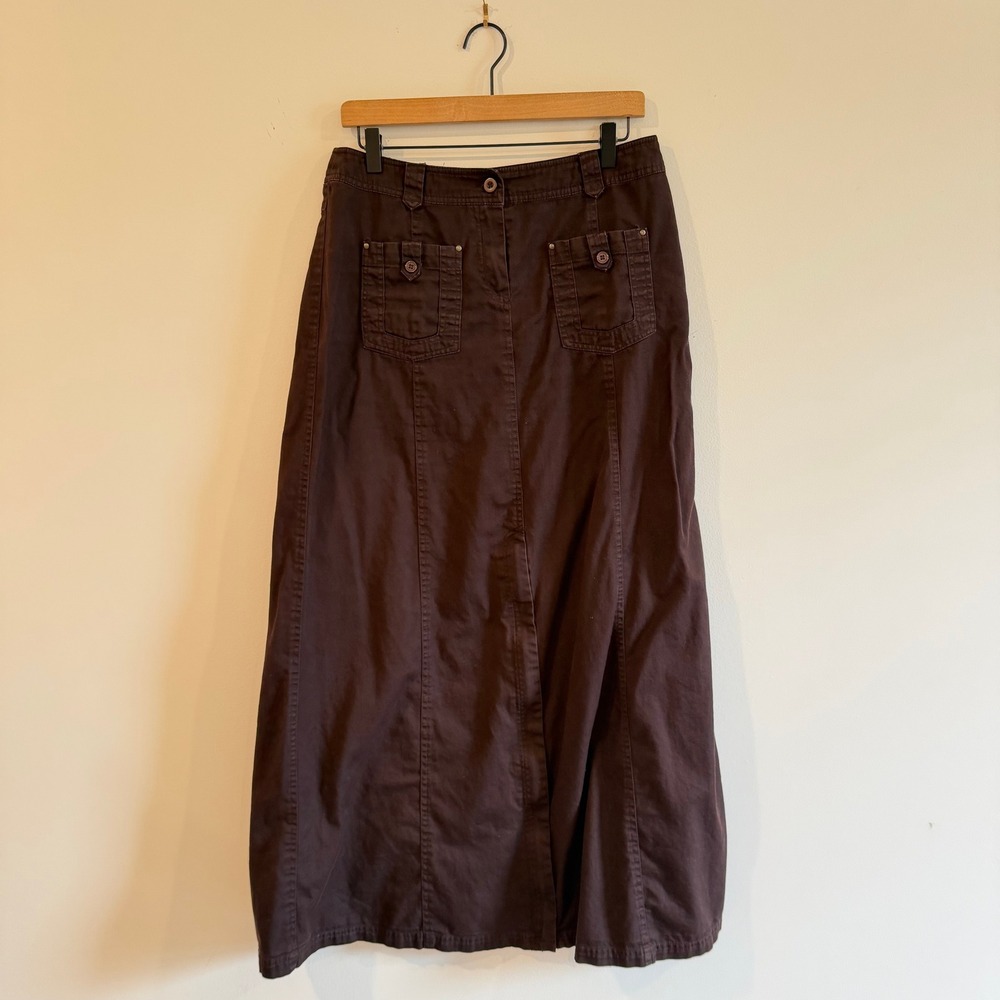 Y2K Camaieu Brown Utility Maxi Skirt Cargo Front Zip Slit 30 Waist 40" Long